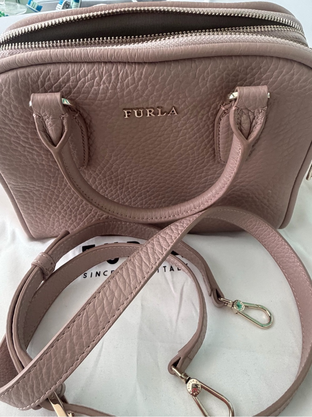 Furla Blush Pink Pebbled Leather Satchel with Detachable Strap